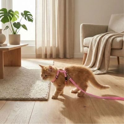 Un chaton tigre roux en harnais chaton rose et laisse rose se promene dans une piece