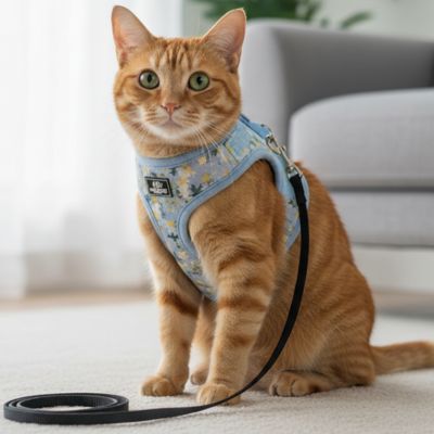 Un harnais chat bleu sur un chat tigre assis au salon