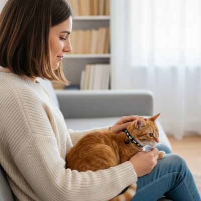 Une femme assise au canapé caresse un chat roux au collier noir dans un salon