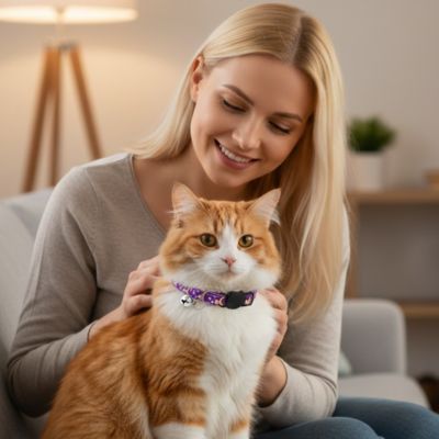 Une femme souriante regarde  un chat roux et blanc avec un collier violet assise au salon sur un canapé.