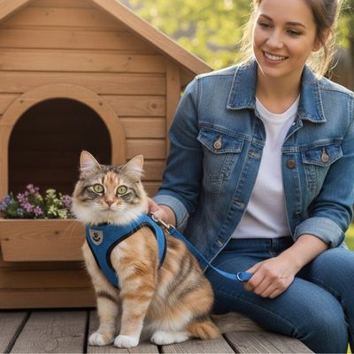 Une femme avec un chat avec harnais chat Anti-Fugue bleu devant une niche