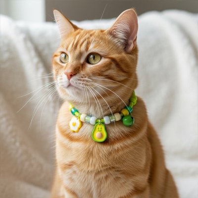 Adorable chat pêche avec un collier chat perlé rose charmant