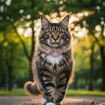 chat Maine Coon tigré porte collier-pour-chat-gps-rose marchant dehors au parc.
