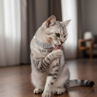 chat assise sur le plancher mettant en valeur l'éclat de son collier pour chat blanc