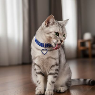 chat assise sur le plancher mettant en valeur l'éclat de son collier pour chat bleu