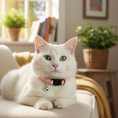 chat blanc avec collier pour chat rose clochette.