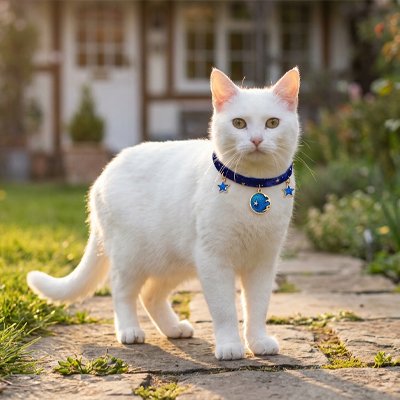 chat-blanc-collier chat-bleu-avec-pendentif-lune-est-dehors. 