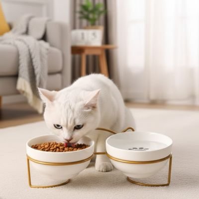 Chat blanc mangeant dans une double gamelle en céramique sur support doré