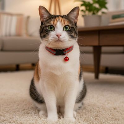 chat blanc portant un collier chat rouge avec clochette