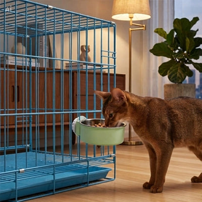 Chat brun se nourrissant gamelle sur cage inox