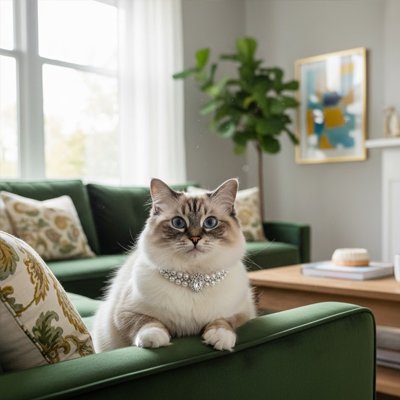 Chat fluffy sur canapé vert chic, avec brillant collier chat.