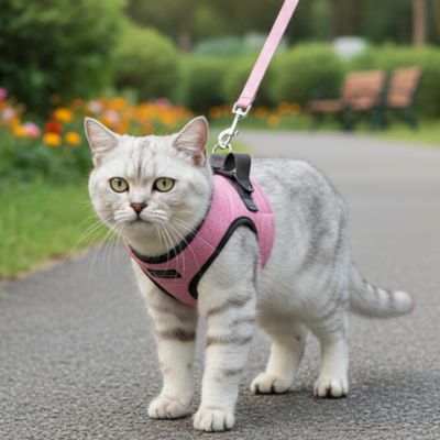 chat gris avec harnais chat rose marchant au parc