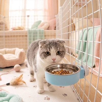 Chat gris profitant gamelle bleue sur barreaux