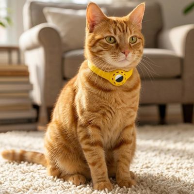 chat roux assise au salon avec un collier GPS chat jaune sur un tapis.