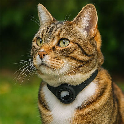 Chat roux assise au dehors portant un collier GPS chat noir.