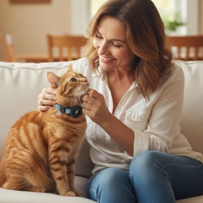 at roux avec collier-GPS-Chat bleu assise au canapé avec une dame joua avec son chat