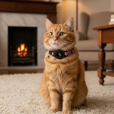 chat roux avec collier GPS-Chat rose assise sur un tapis moelleux au salon
