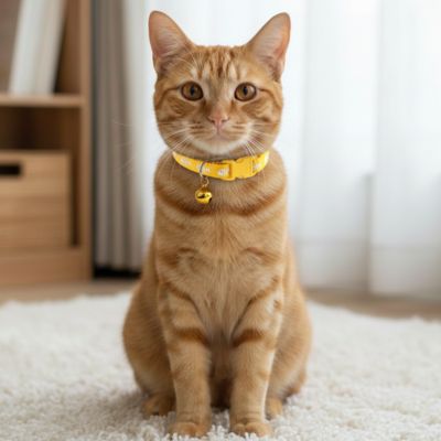 chat roux avec un collier chat jaune assise sur un tapis moelleux.