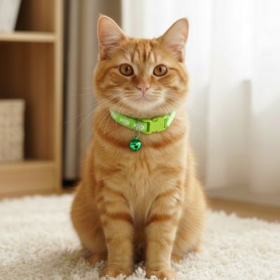 chat roux avec un collier chat vert assise sur un tapis moelleux.