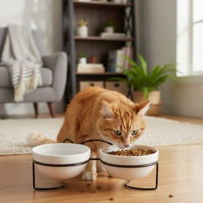 Chat roux mangeant des croquettes dans une double gamelle en céramique