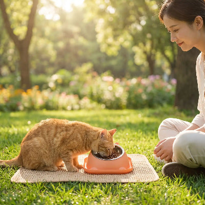 chat roux mangeant au parc ensoleille