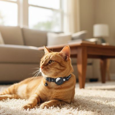 chat roux porte un collier pour chat noir avec traceur Air Tag assise sur un tapis