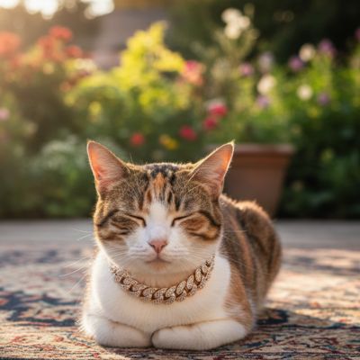 chat se repose paisiblement sur un tapis avec un collier pour chat bling élégant en extérieur