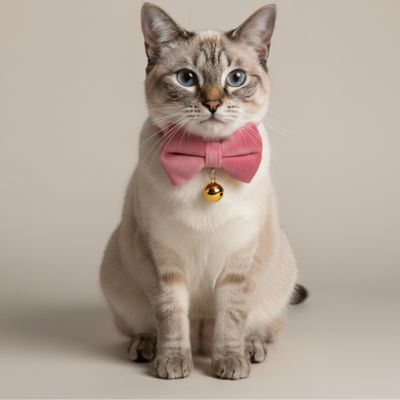 chat siamois assis calmement portant un collier pour chat rose avec clochette dorée brillante. 