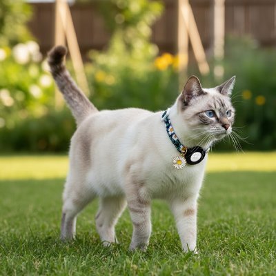 chat siamois dans l herbe portant un collier pour chat gps noir.