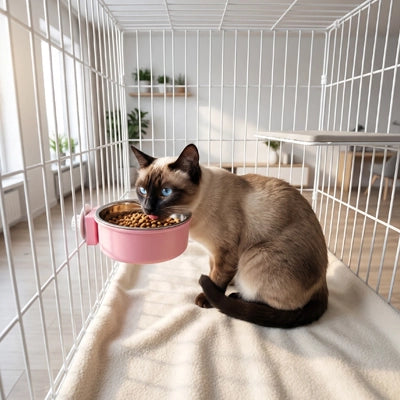 Chat siamois devant gamelle rose fixee cage