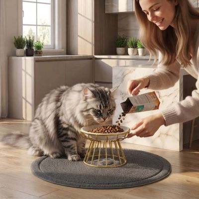 Chat Silver Tabby mangeant dans une gamelle dorée.