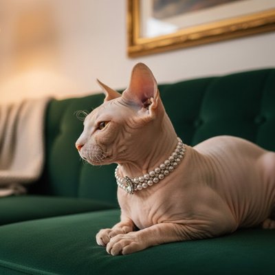 Chat sphynx allongé sur canapé vert, portant collier chat perlé.