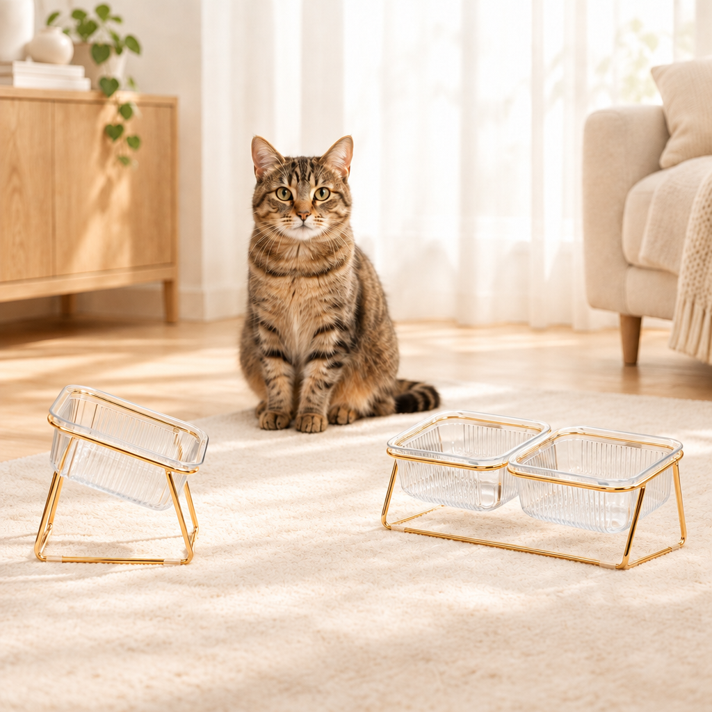 Chat tigré devant une gamelle simple et une gamelle double transparentes