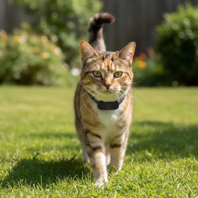 
Chat tigre avec Collier-GPS-chat marchant sur l herbe verte.

