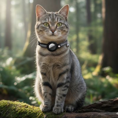 chat tigré avec un collier pour chat noir avec traceur Air Tag assise dans la forêt.