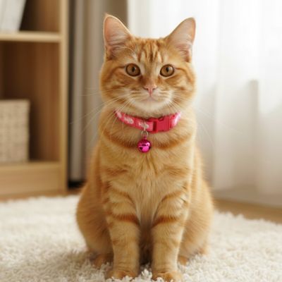 chat roux avec un collier chat rose assise sur un tapis moelleux.