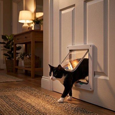 chatière pour chat installée sur une porte intérieure.