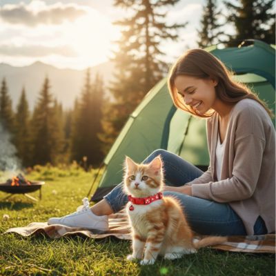 chaton roux  blanc avec collier chaton rouge camping avec sa proprietaire contente