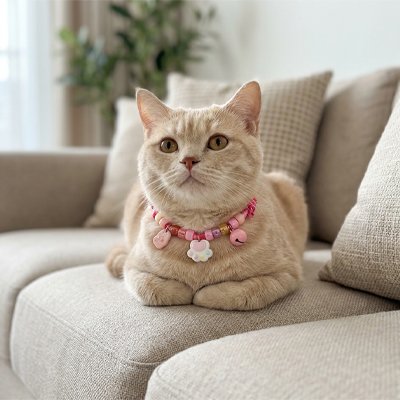 Chaton roux et blanc mignon se reposant avec un collier chat fraise.