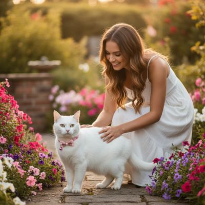 collier chat rose avec un chat debout dans un cour de la maison fleurie avec une femme
