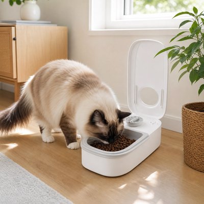 Chat à poils longs mangeant dans une gamelle automatique blanche et grise