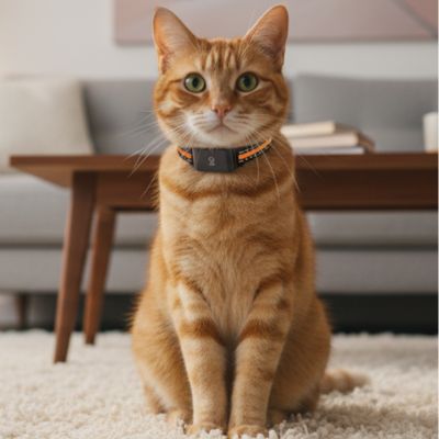 donne moi une image d un chat avec un collier GPS chat assis au salon sur un tapis moelleux.
