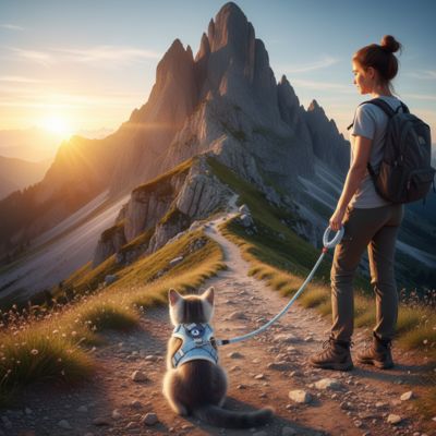 Femme avec son chaton porta harnais chaton avec montagne spectaculaire