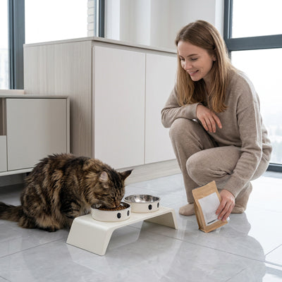 Femme regardant chat manger dans gamelle
