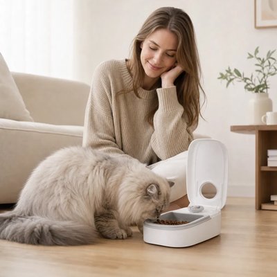 Femme souriante avec chat et gamelle automatique.