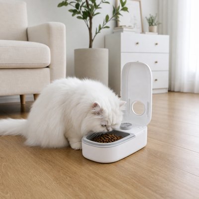 Chat blanc à poils longs utilisant la gamelle auto