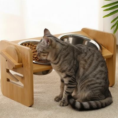 Gamelle chat surélevée en bambou avec double bol inox