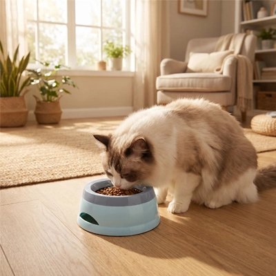 gamelle chat bleue fenetre.