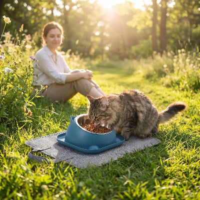 gamelle chat bleue surélevée exterieur prairie