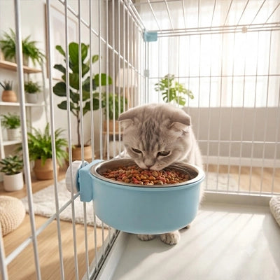 Chat mangeant dans gamelle bleue suspendue cage